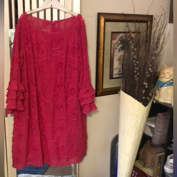 Beautiful Dress Cerise Color with Ornamental Accents and Ruffled Sleeves. - Picture 5 of 9